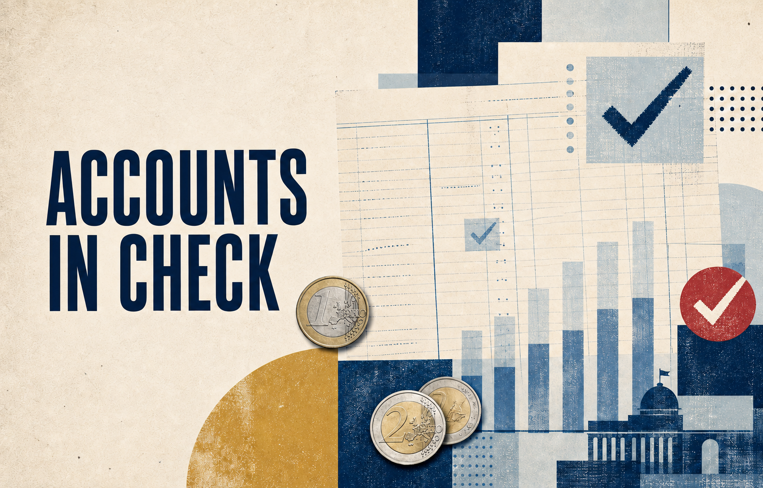 Editorial illustration of public accounts, monthly charts, and euro coins