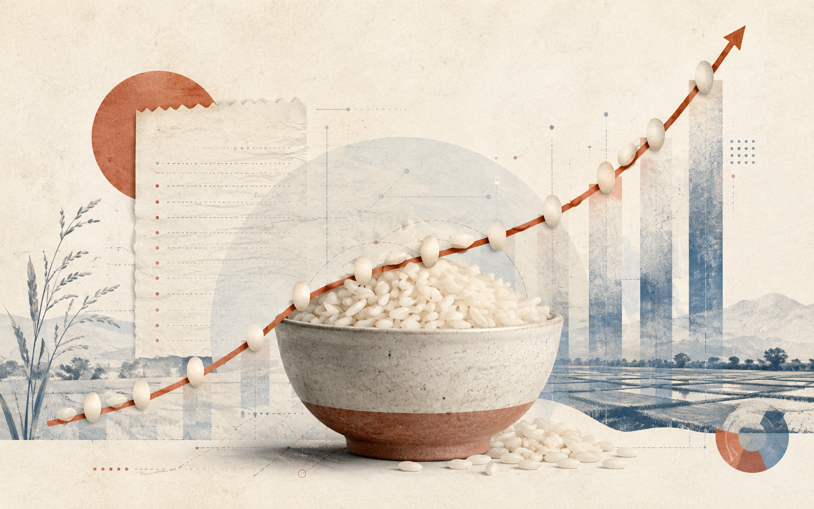 Editorial illustration combining Carolino rice with a rising price chart