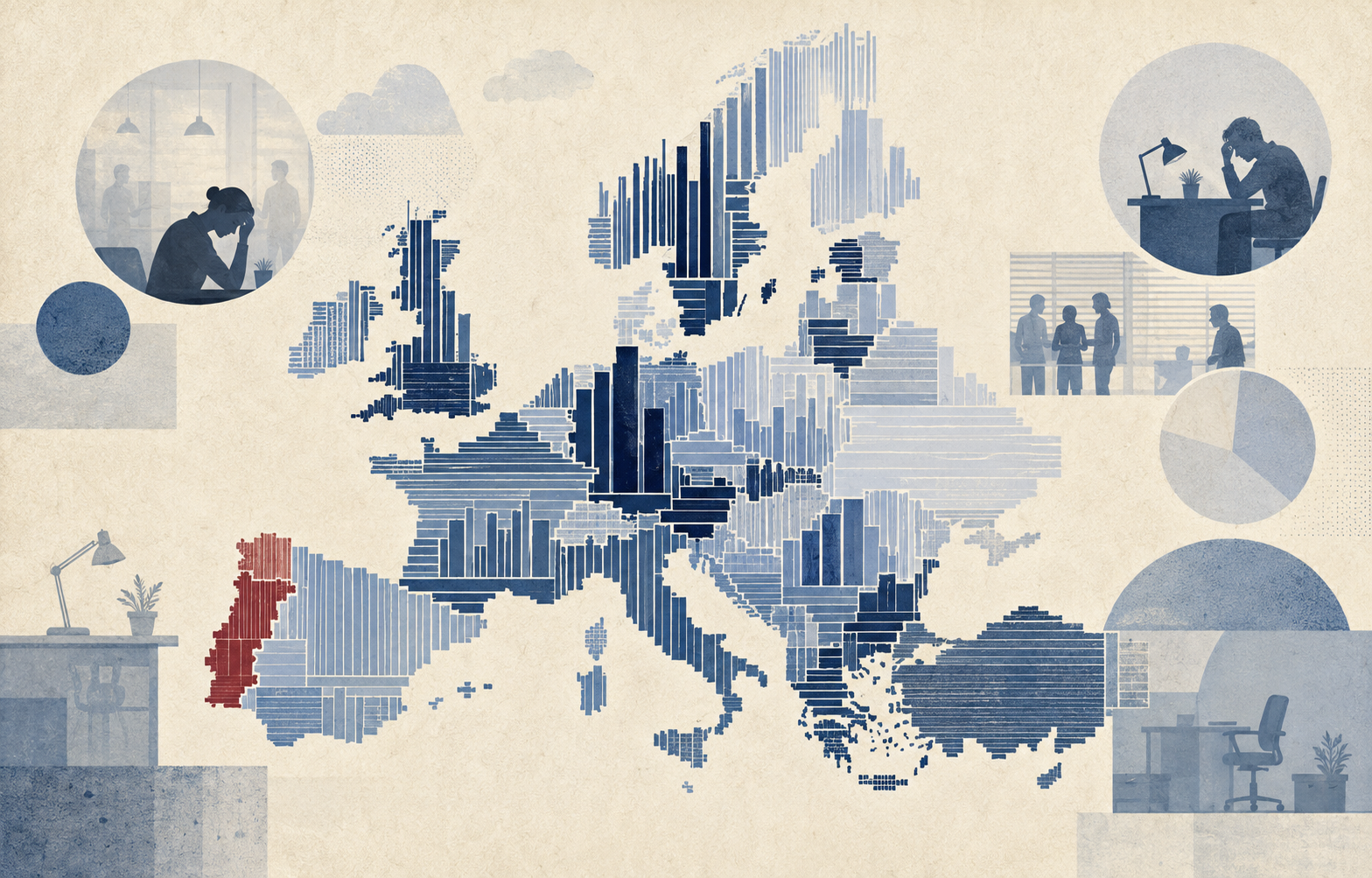 Editorial illustration of European workplace dissatisfaction data, with Portugal highlighted